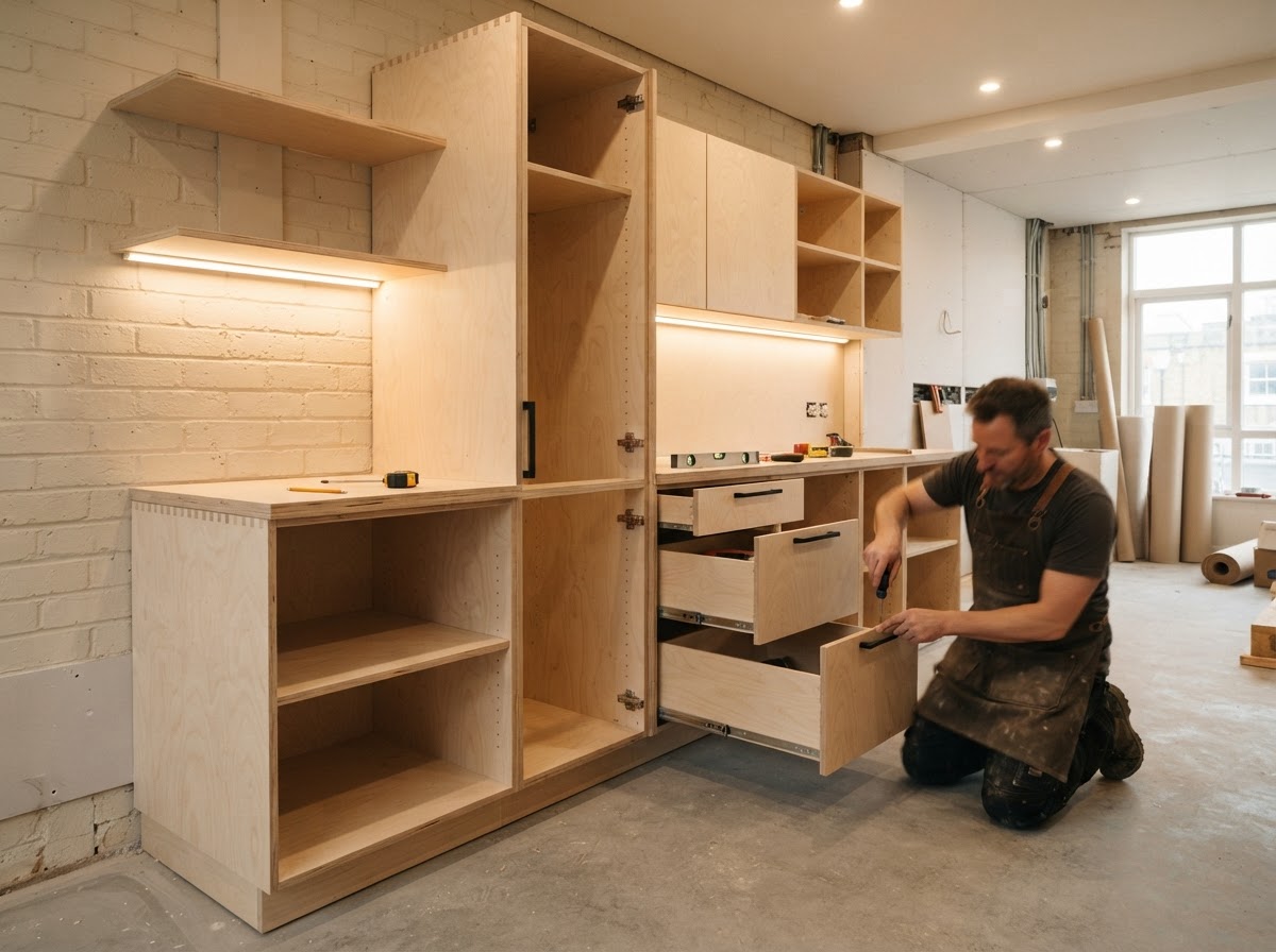 Plywood used in modern modular kitchen interior construction