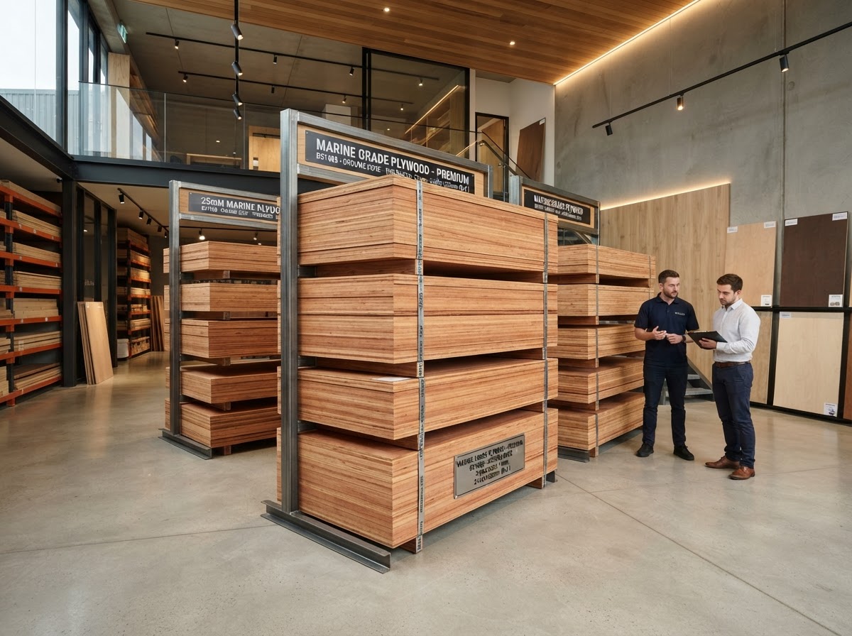 Neatly stacked premium marine grade plywood sheets in showroom
