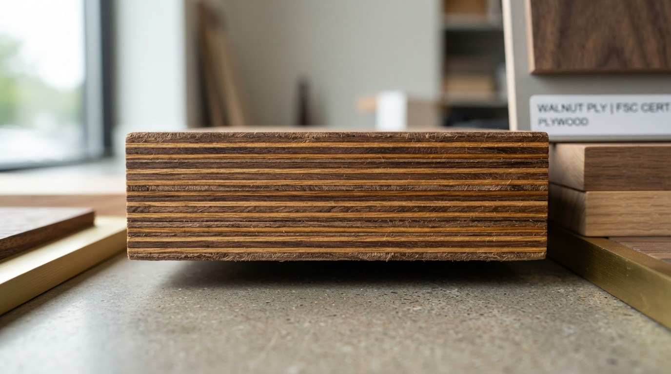 Macro close-up of premium plywood edge grain showing stacked veneer layers