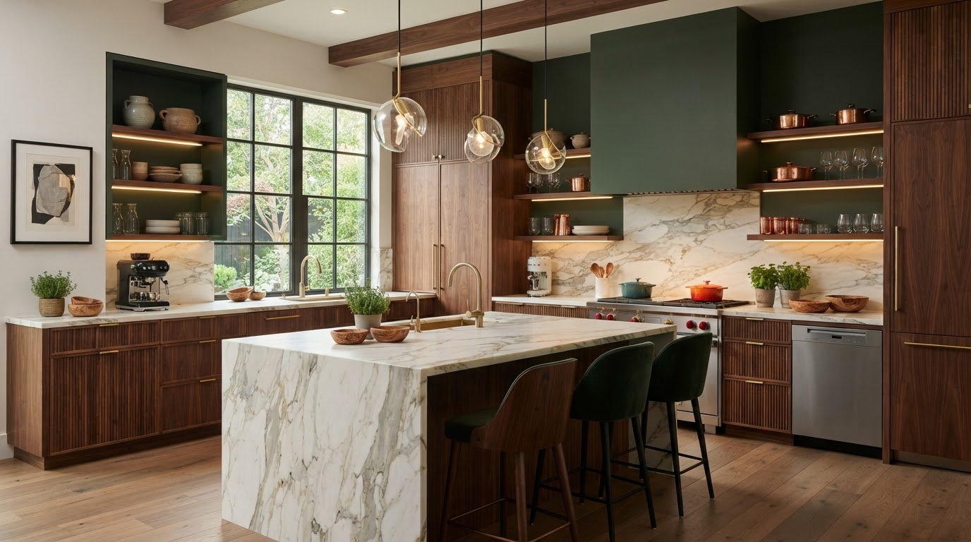 Premium walnut kitchen with marble countertops