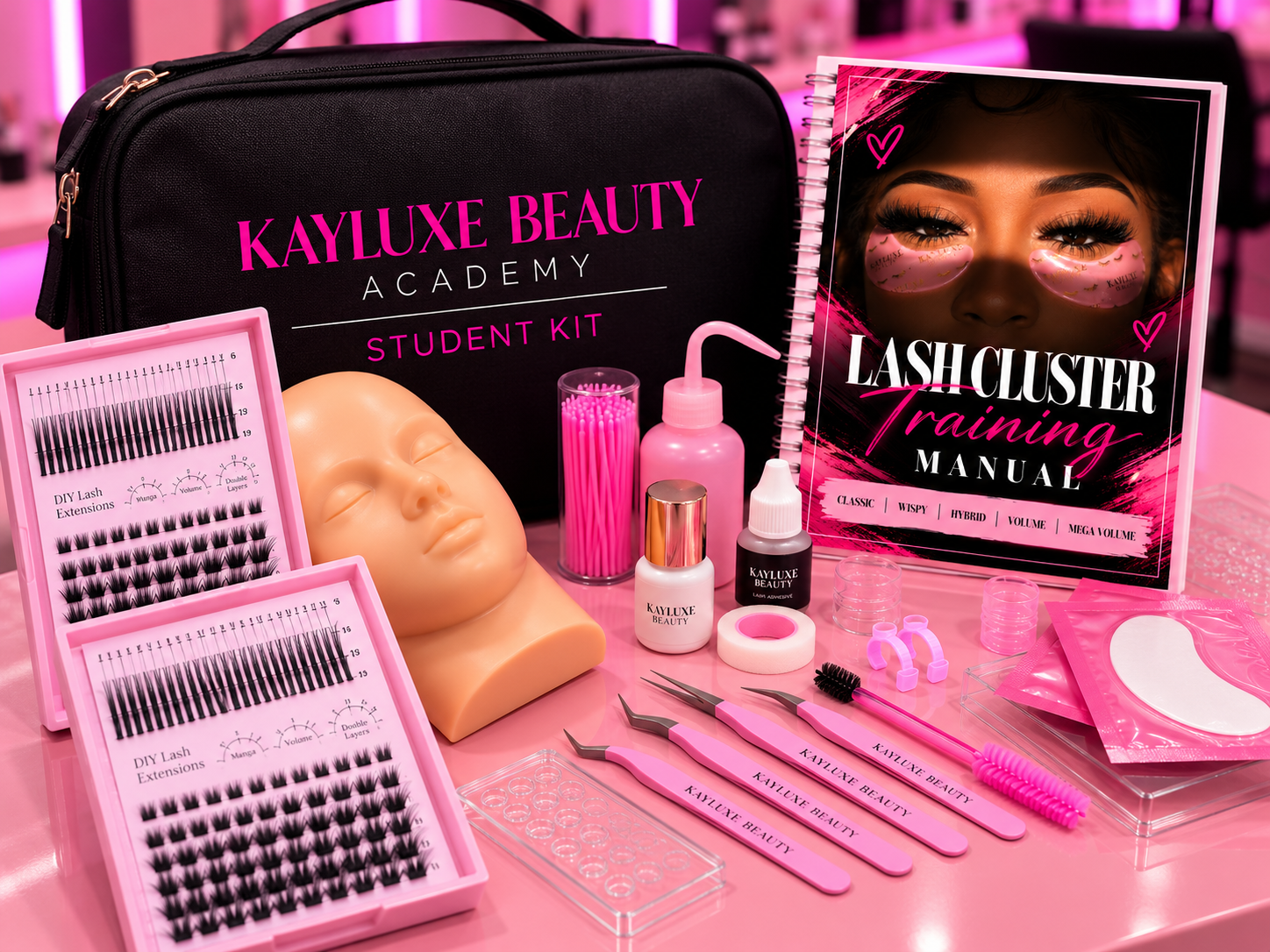 Kayluxe Beauty Academy Student Kit with Lash Cluster Training Manual, mannequin practice head, lash cluster trays, and precision tweezers