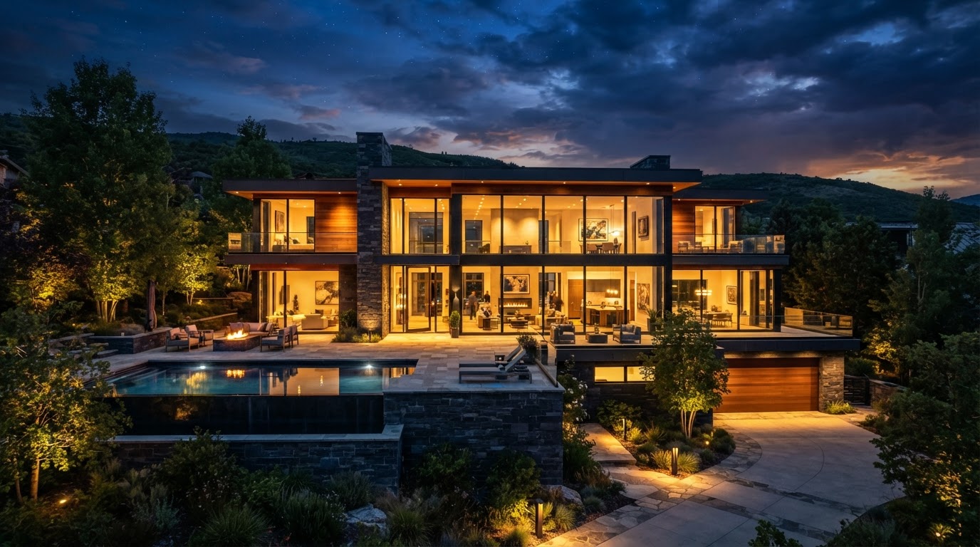 Modern luxury home renovation at dusk