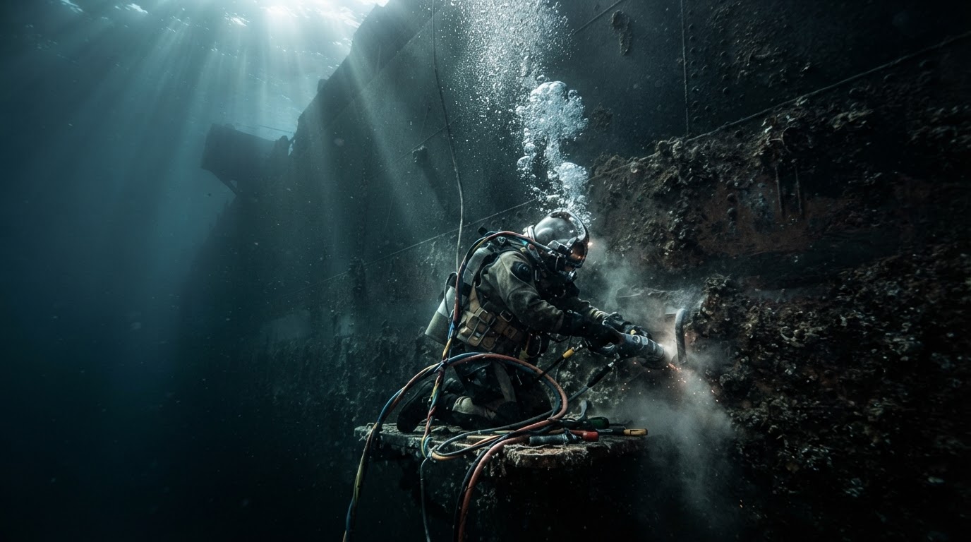 Commercial diver working underwater on a ship hull