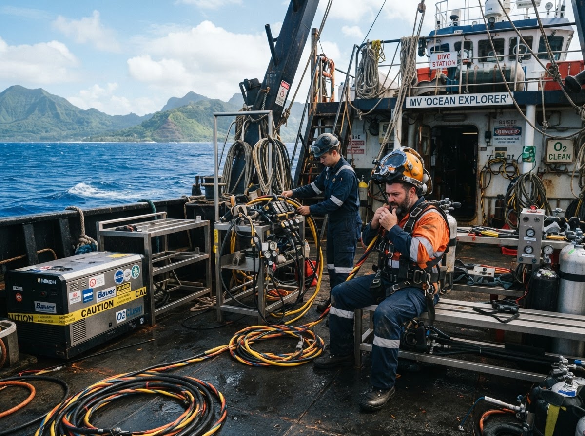 CSG commercial dive team preparing equipment on a Pacific vessel deck