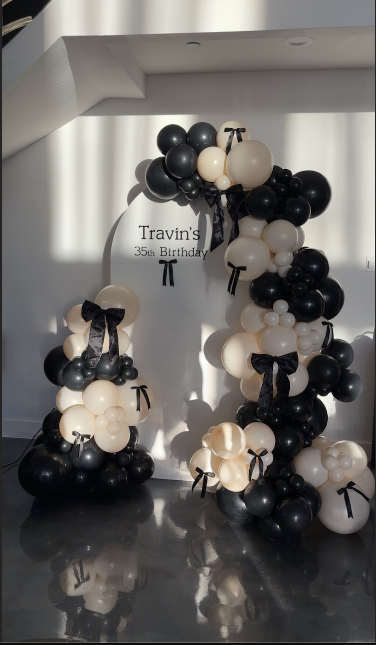 Black & Cream Ribbon Balloon Arch