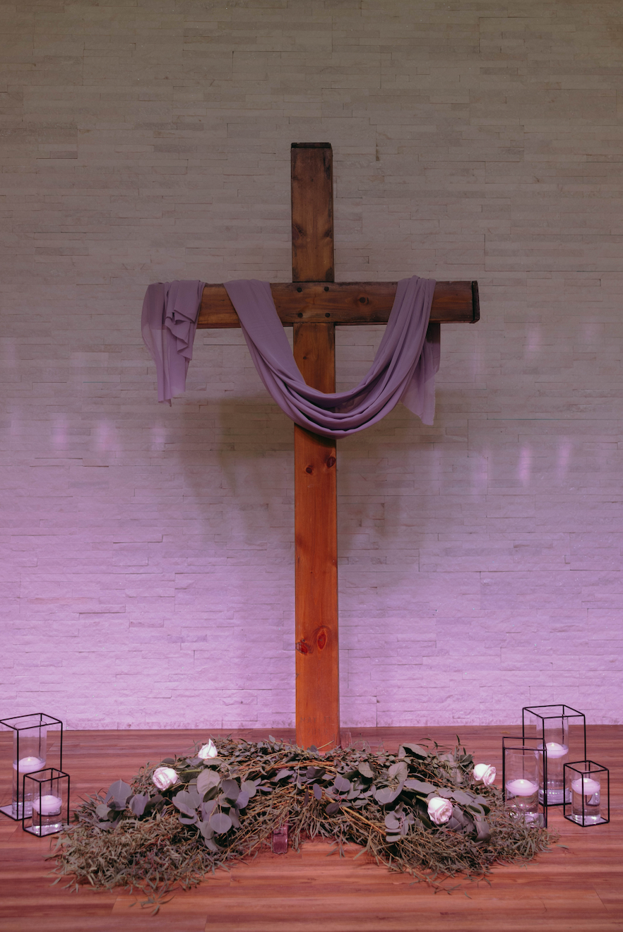Lilac Draped Wooden Cross Ceremony Arch