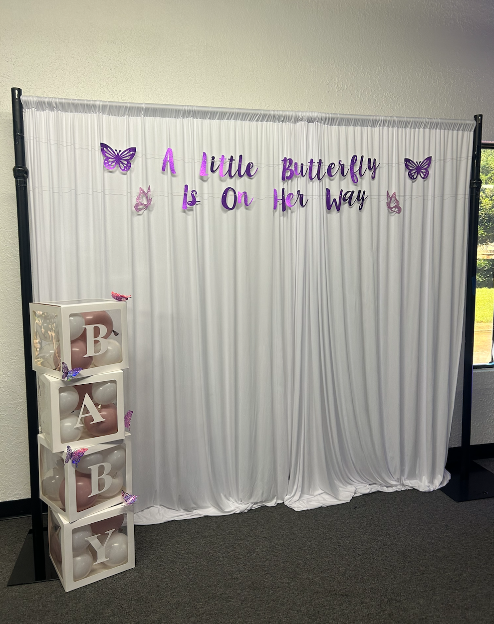 'A Little Butterfly Is On Her Way' Backdrop & Balloon Blocks