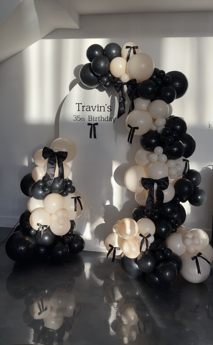 Black & Champagne Balloon Arch with Bow Details