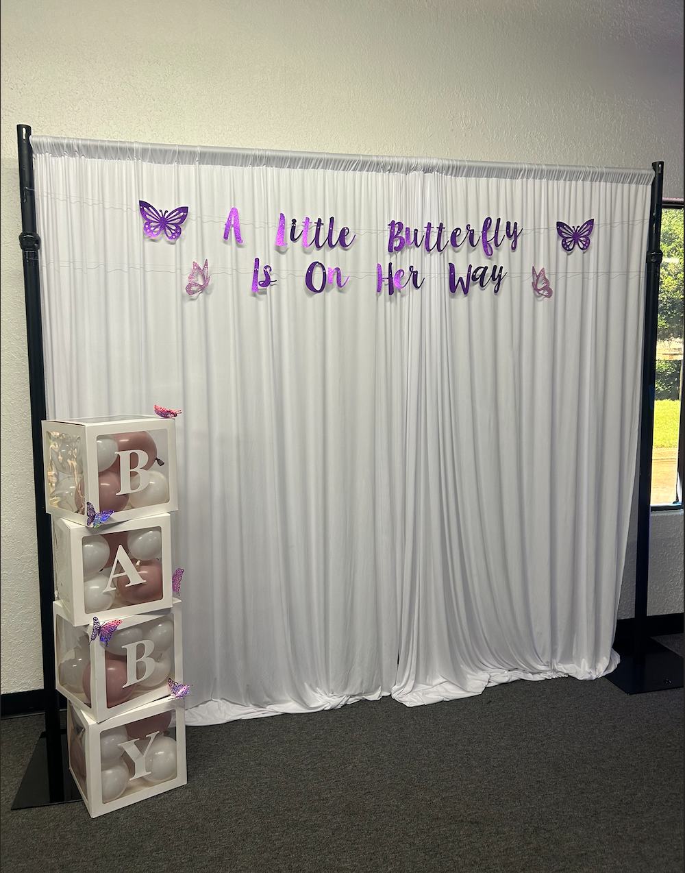Little Butterfly Draped Backdrop & Balloon Cubes