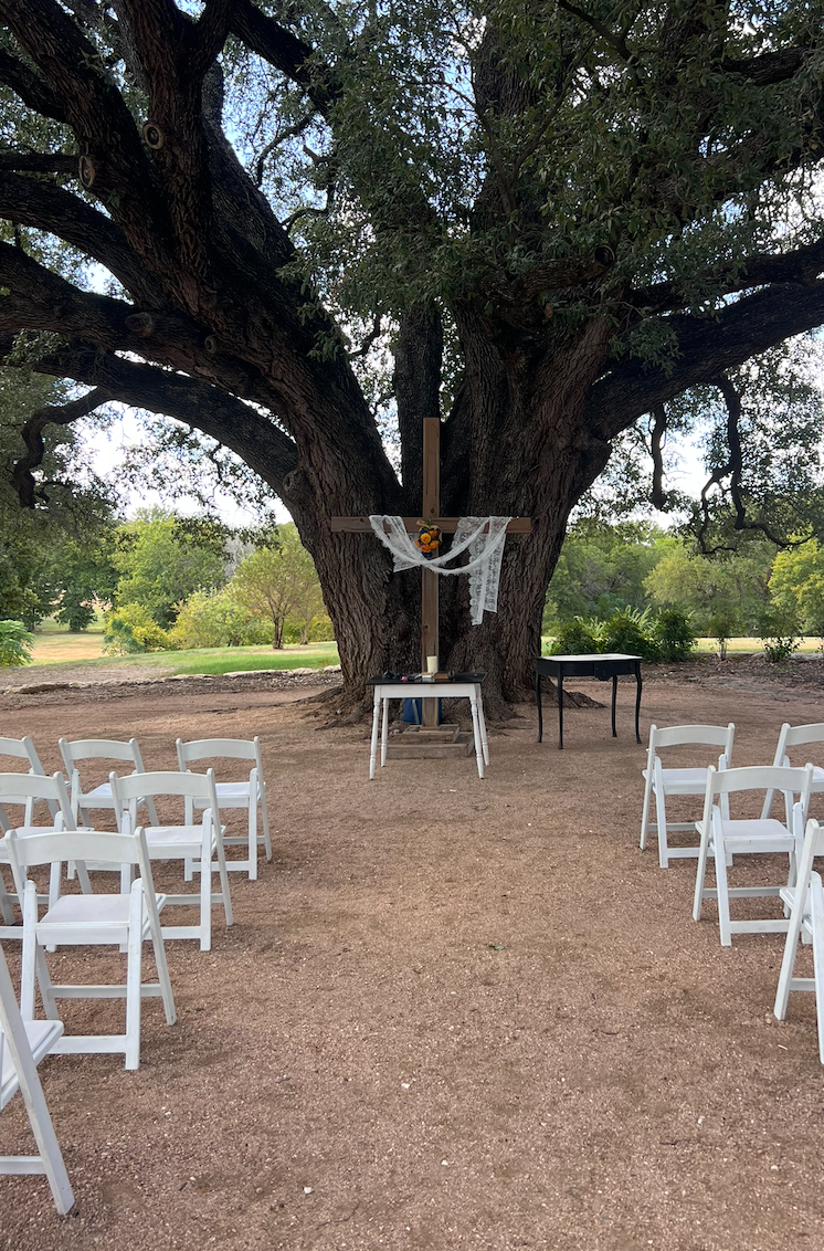 Rustic Live Oak Ceremony Altar & Draped Cross