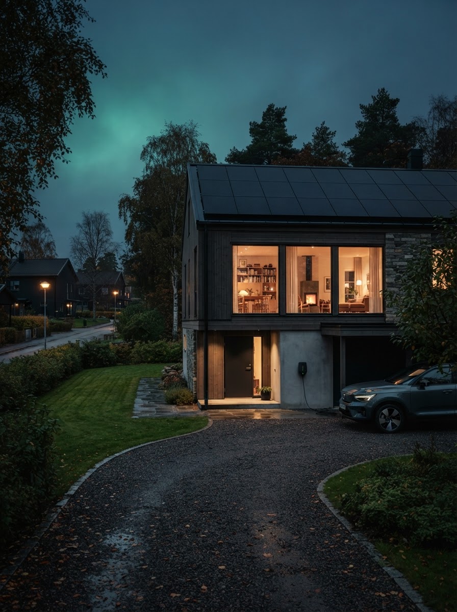 Modern svensk villa med solceller på taket och laddbox i uppfarten