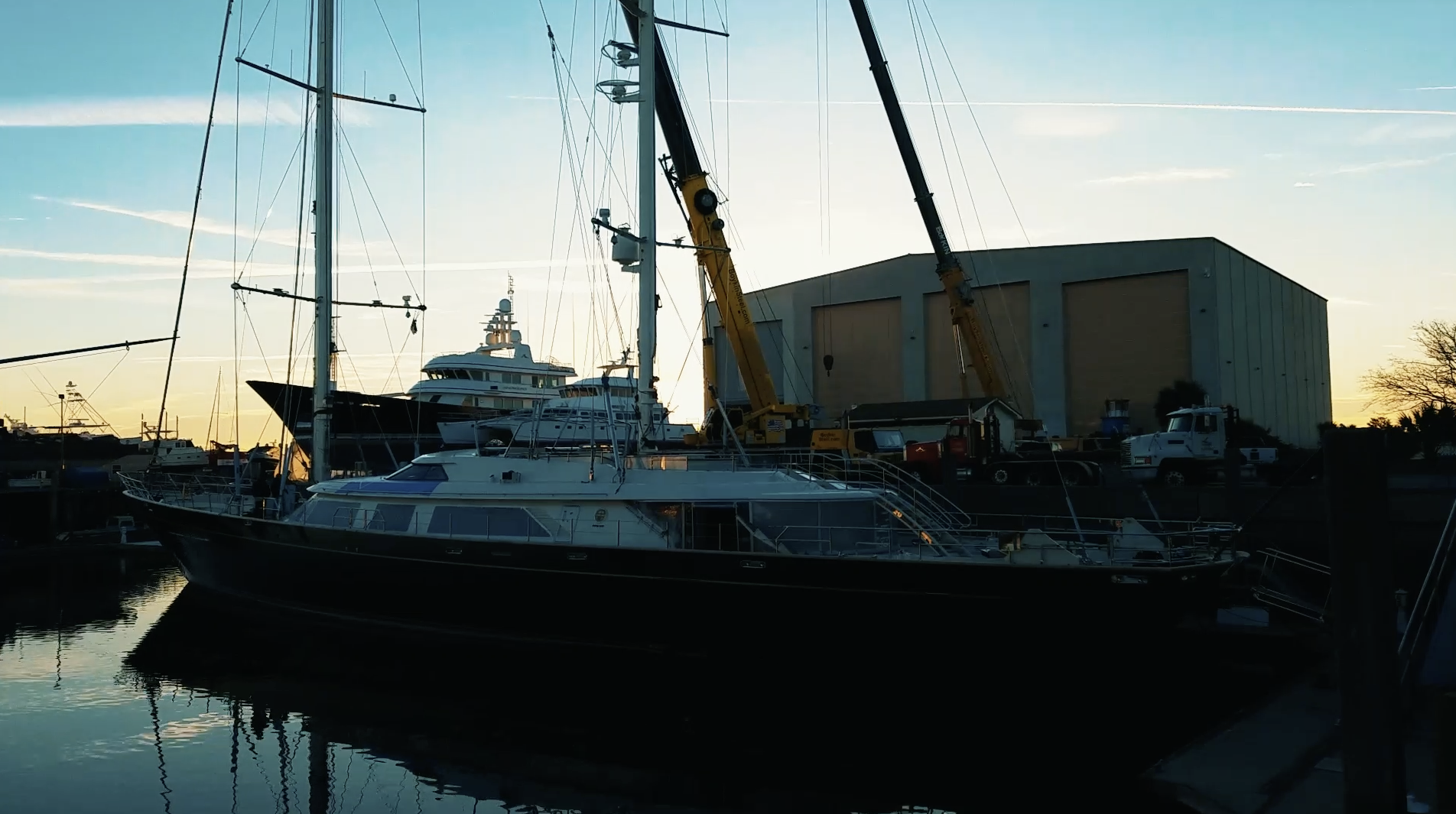 Sailing Yacht in Yard Staging at Sunset