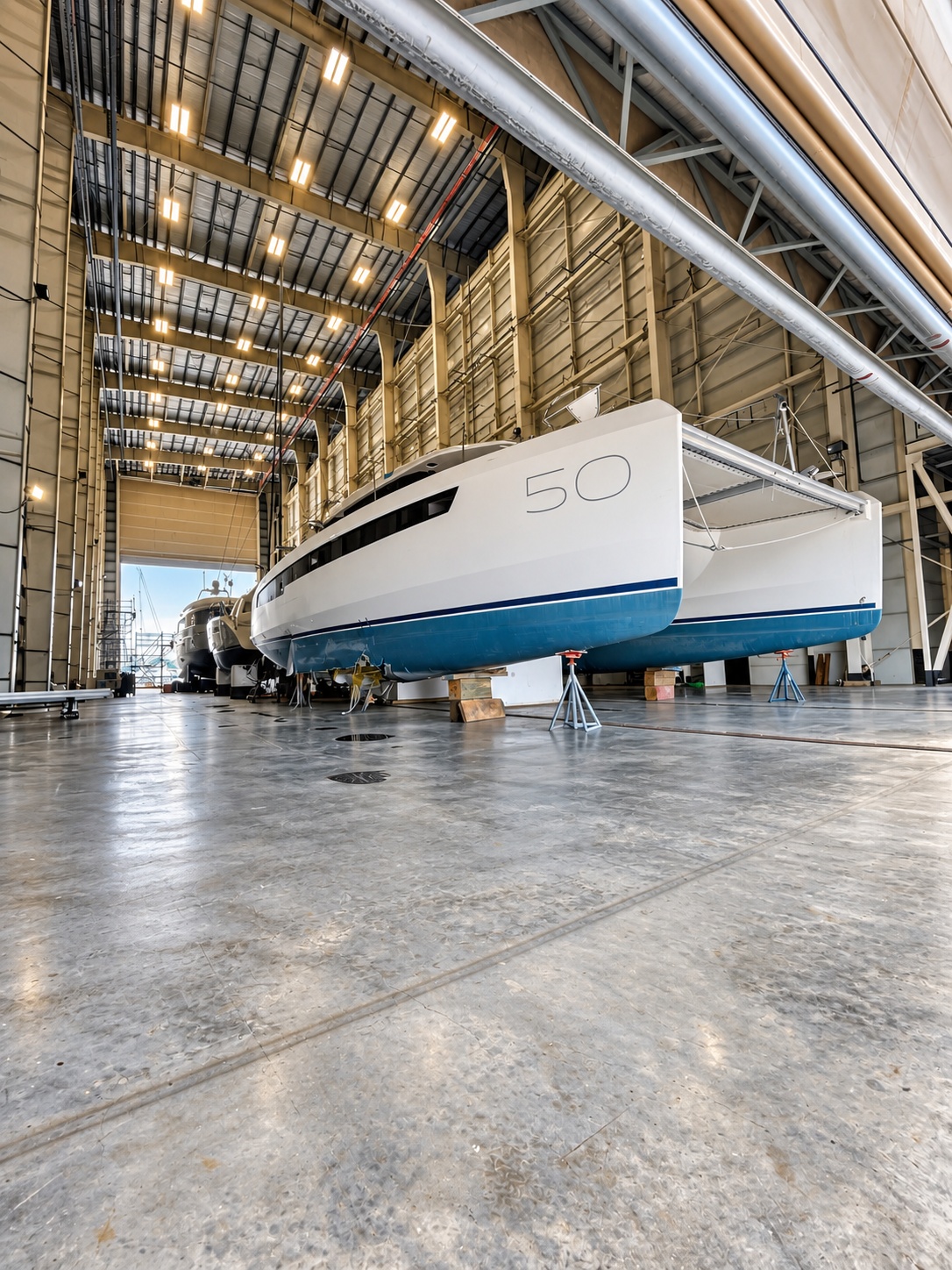 Catamaran Undergoing Bottom Service in Covered Yard Bay