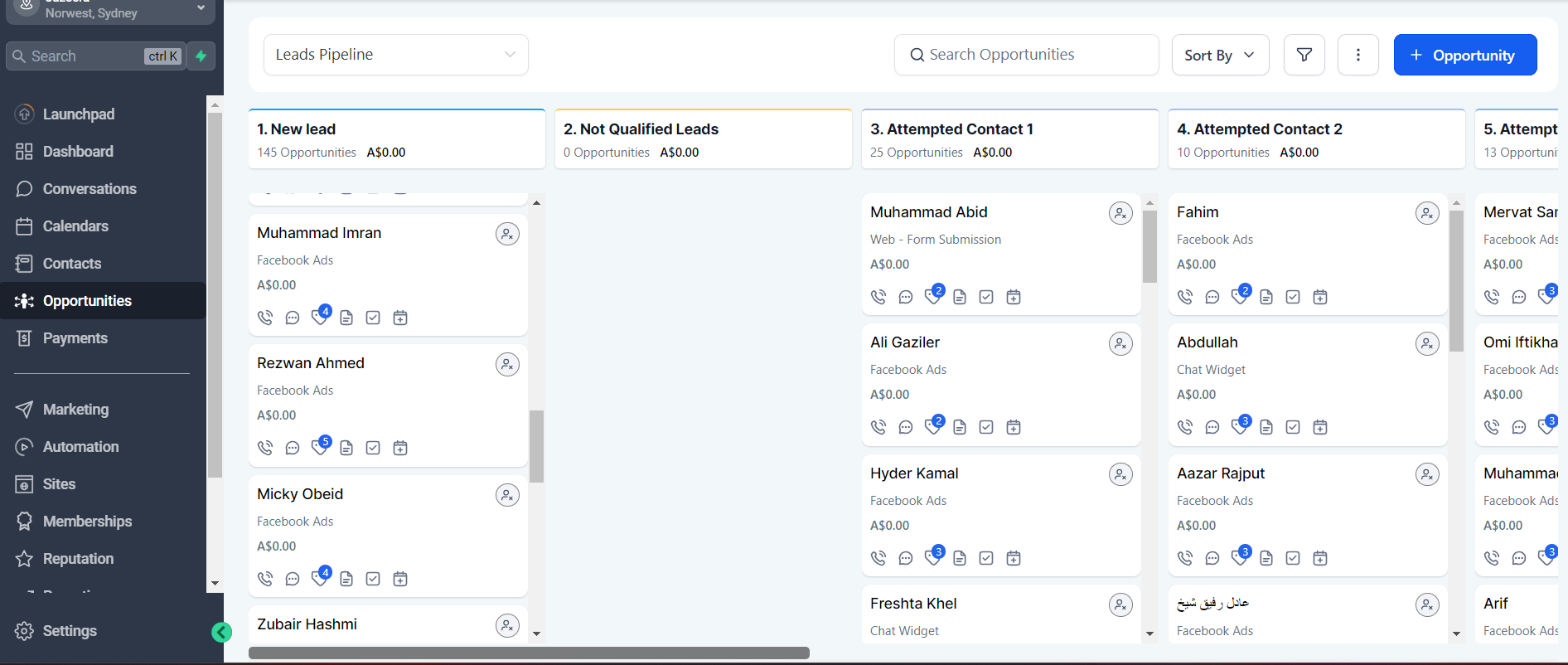 GoHighLevel Opportunities Pipeline — New Lead Ingestion & Attempted Contact Cadence