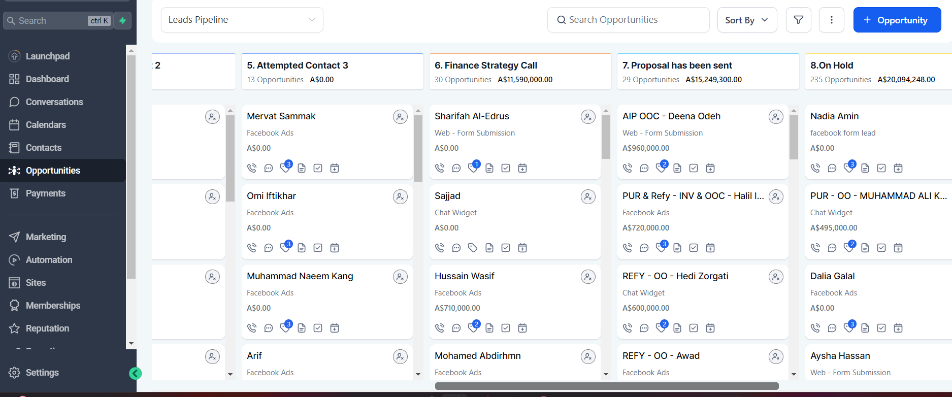 GoHighLevel Opportunities — A$46.9M+ High-Ticket Pipeline & Stage Values