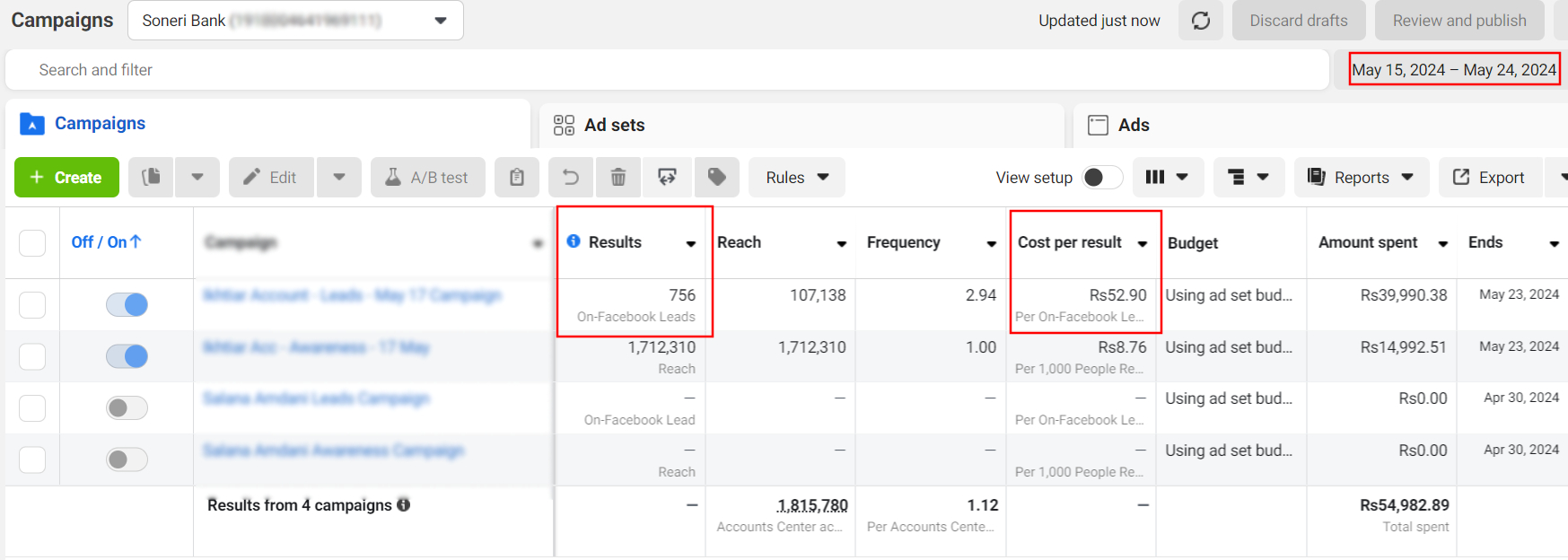 Meta Ads Manager — Soneri Bank Account Leads (May 2024)