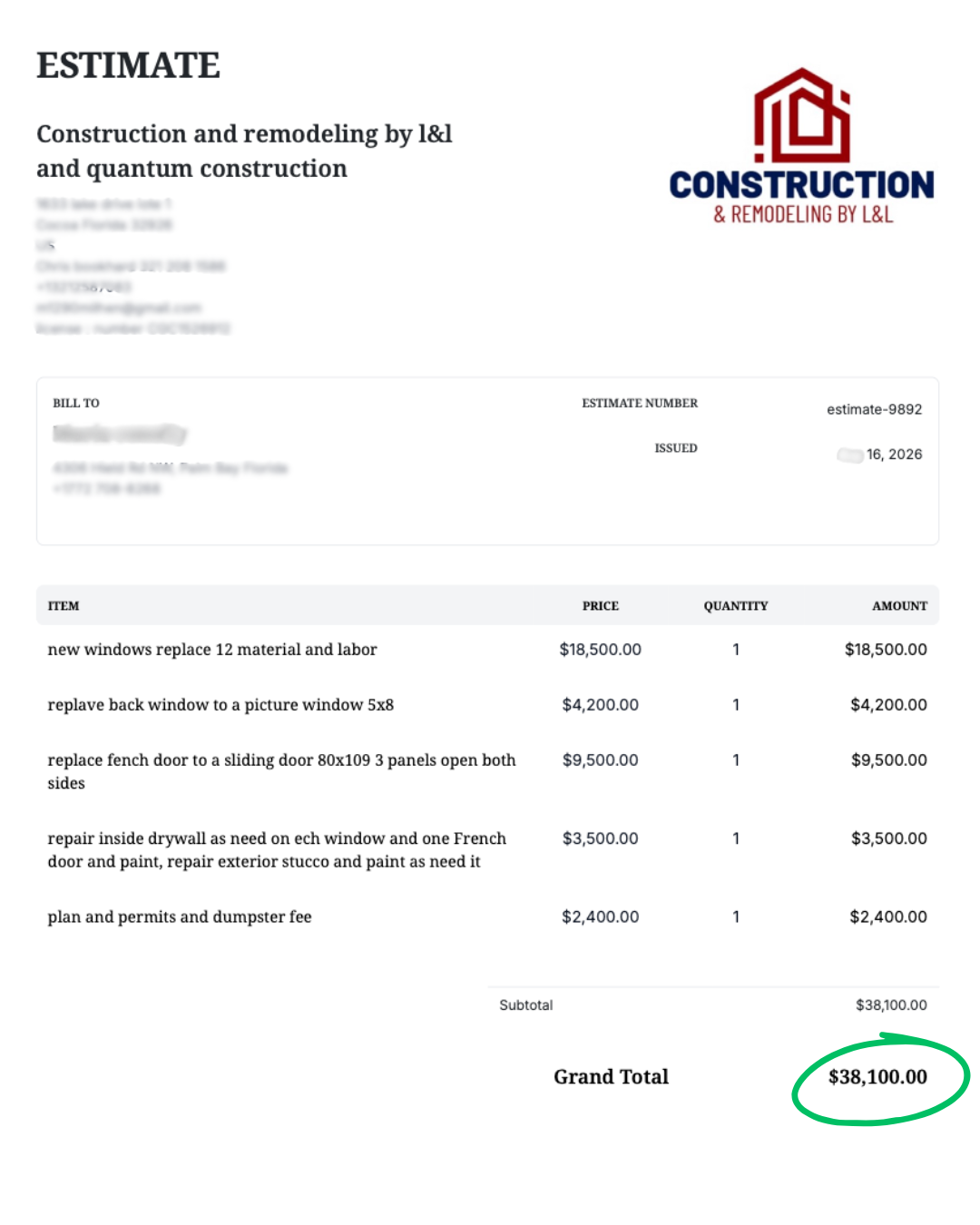 Verified closed job estimate documentation - $38,100