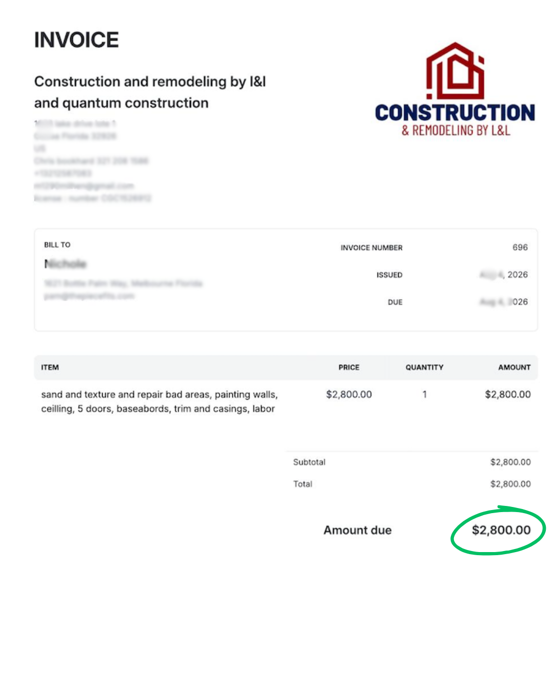 Verified closed job invoice documentation - $2,800