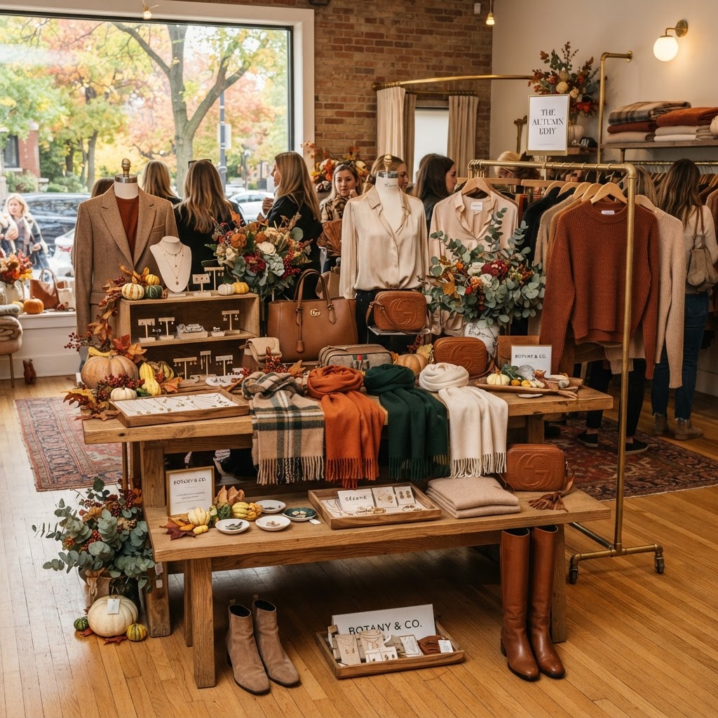 Roselyn's on First Pop-up boutique fall clothing and accessories display