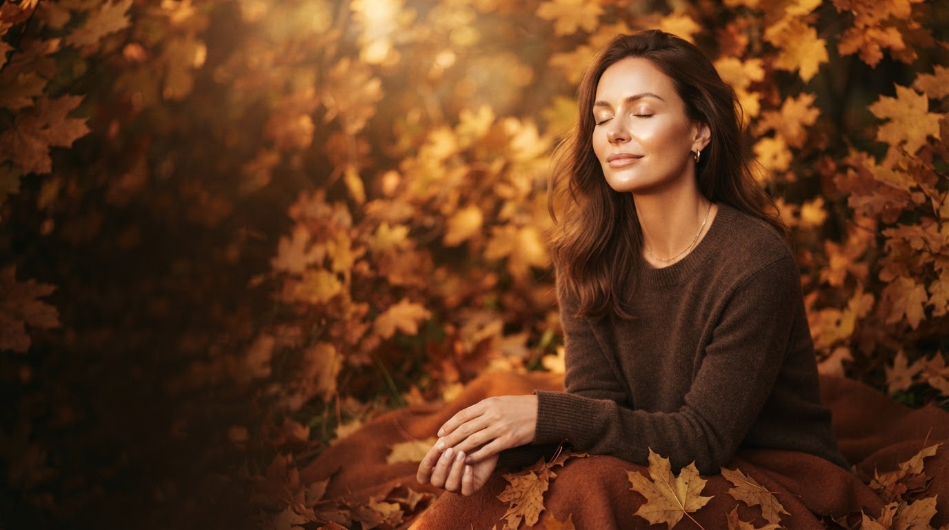 Luxury autumn aesthetic — luminous skin surrounded by golden fall leaves