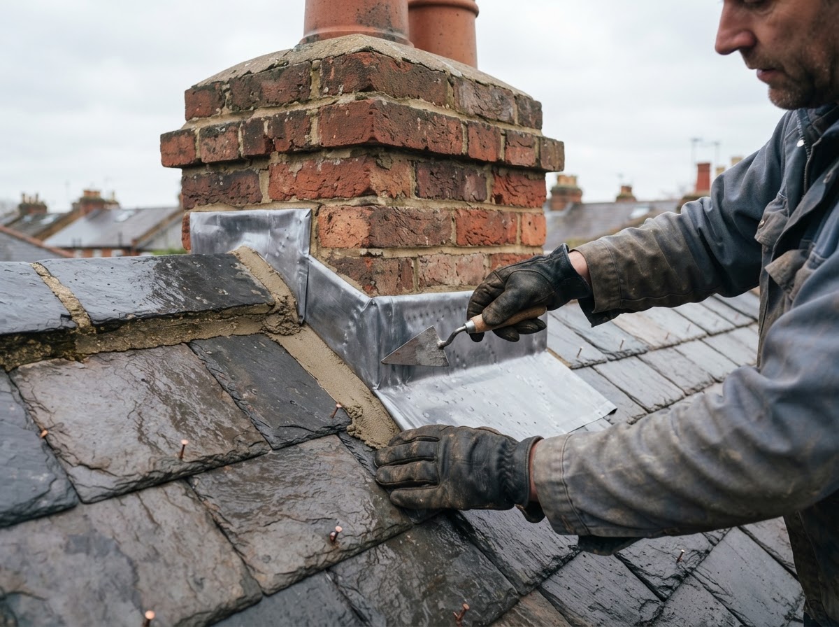 Craftsman dressing lead sheet flashing around a chimney on a UK roof
