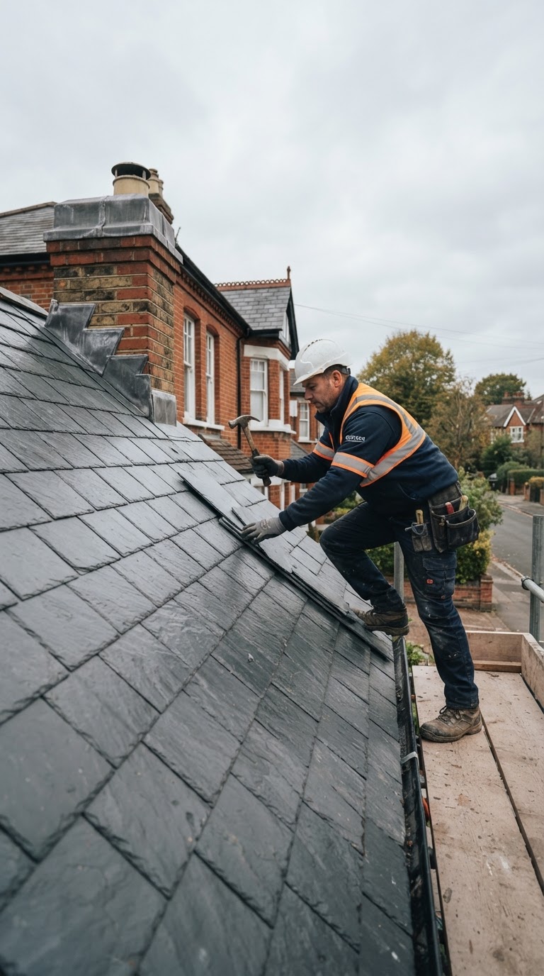 Summit Roofing & Building Ltd roofer working on a slate roof in Surrey