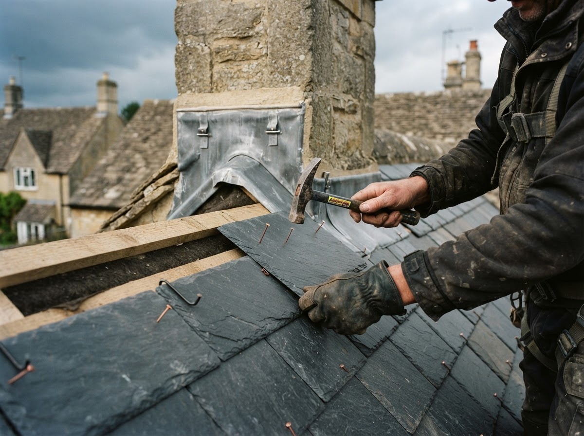 Roofer installing natural slate tiles on a UK roof