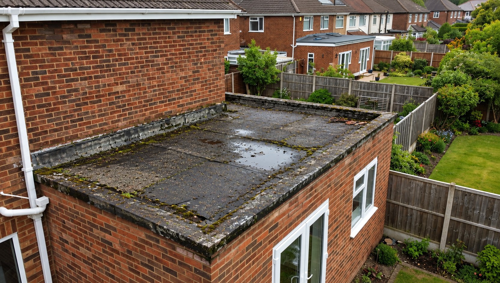 Weathered felt flat roof with ponding water and moss before replacement