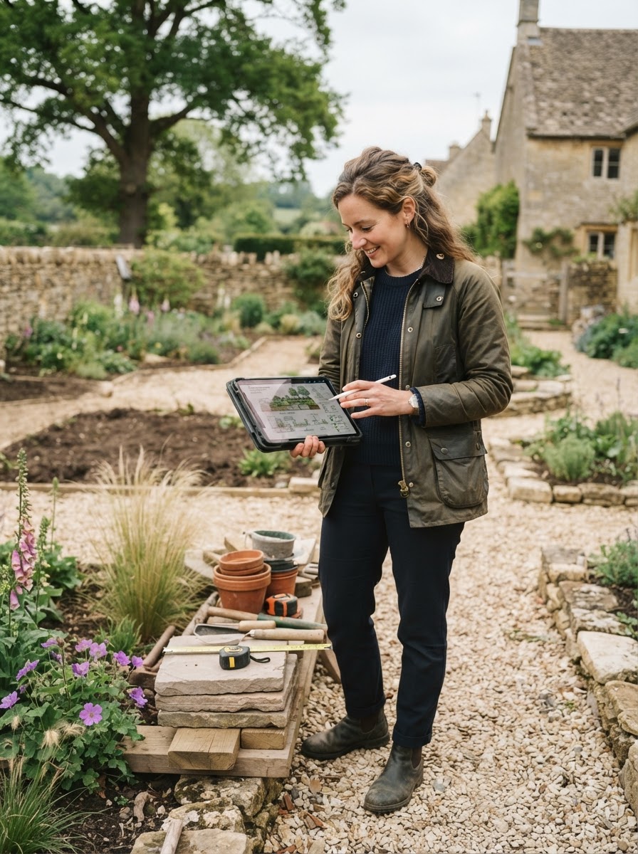 A garden designer reviewing landscape plans on site