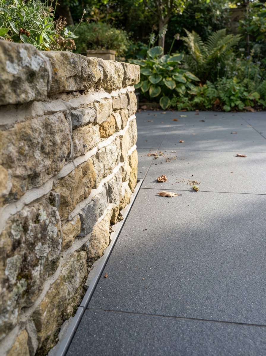 Detail of porcelain paving and stone junction