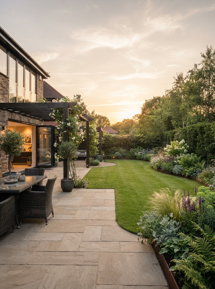 A beautifully completed contemporary British garden at golden hour