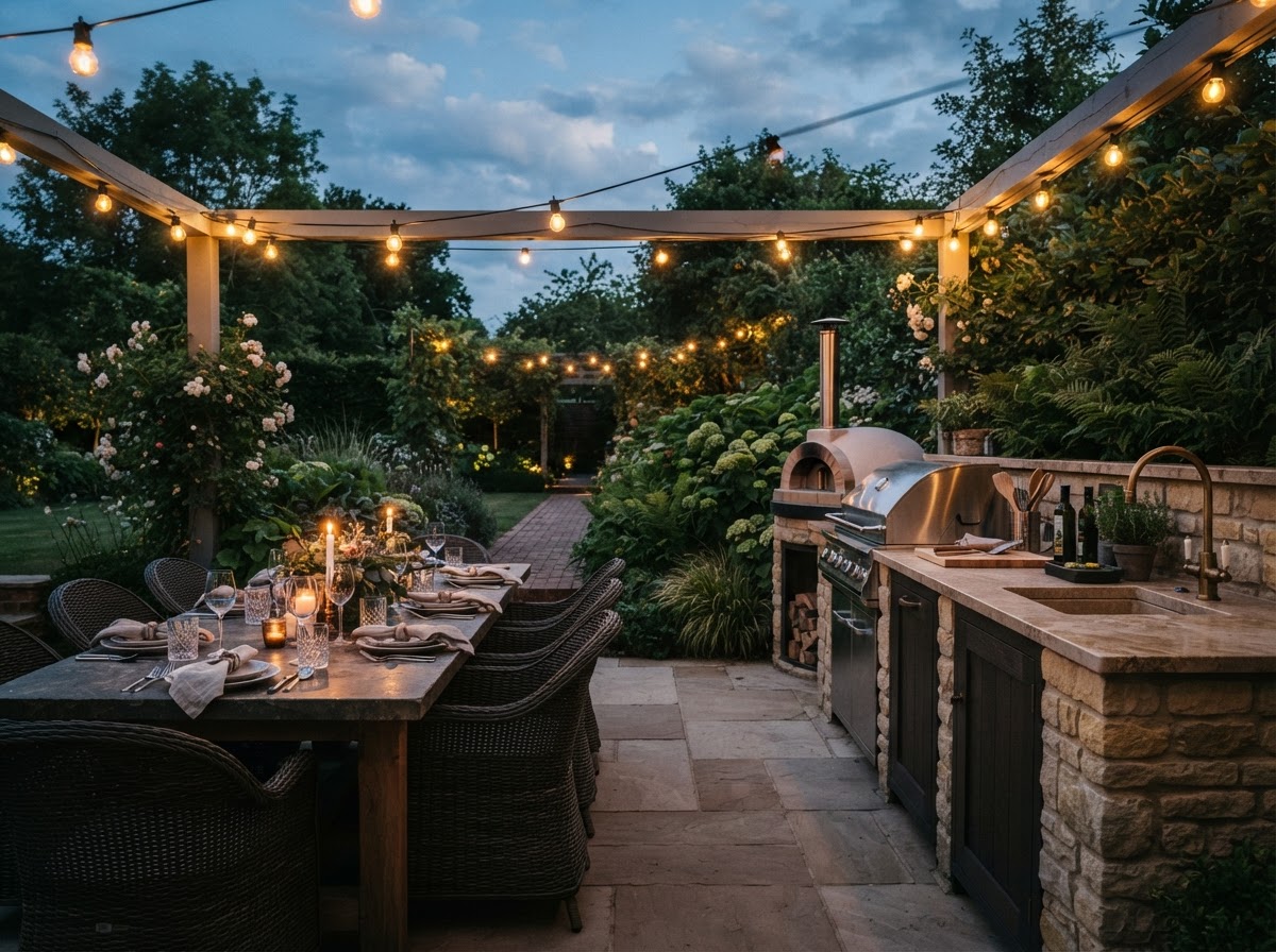 Outdoor dining table beside the kitchen at dusk