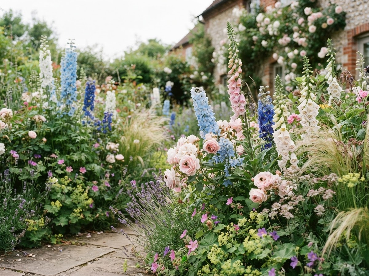 Close-up of cottage garden perennial border