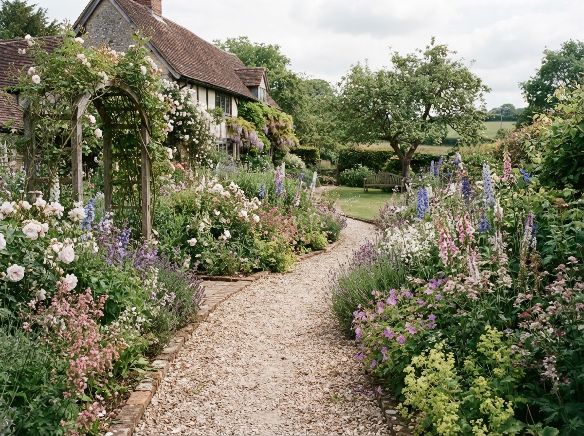 Gravel path winding through perennial planting