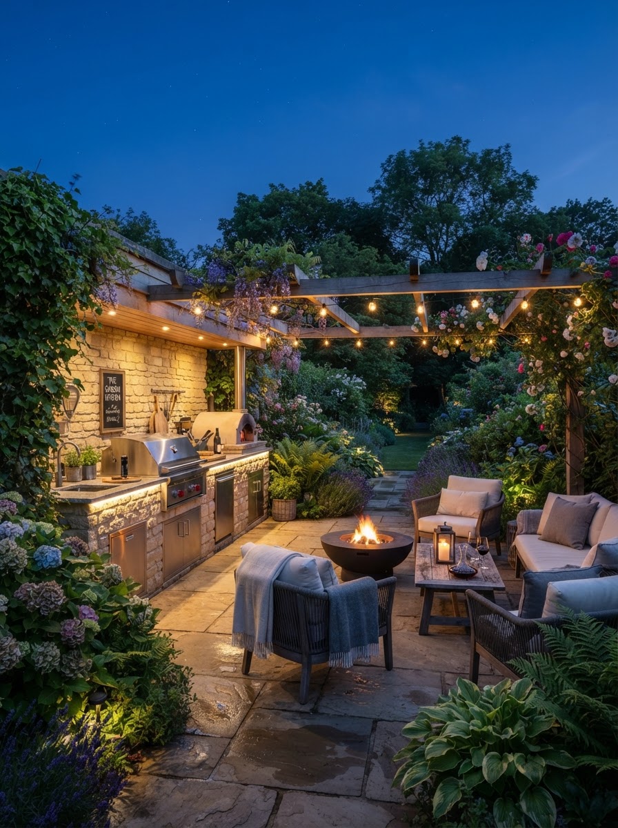 Outdoor kitchen at dusk