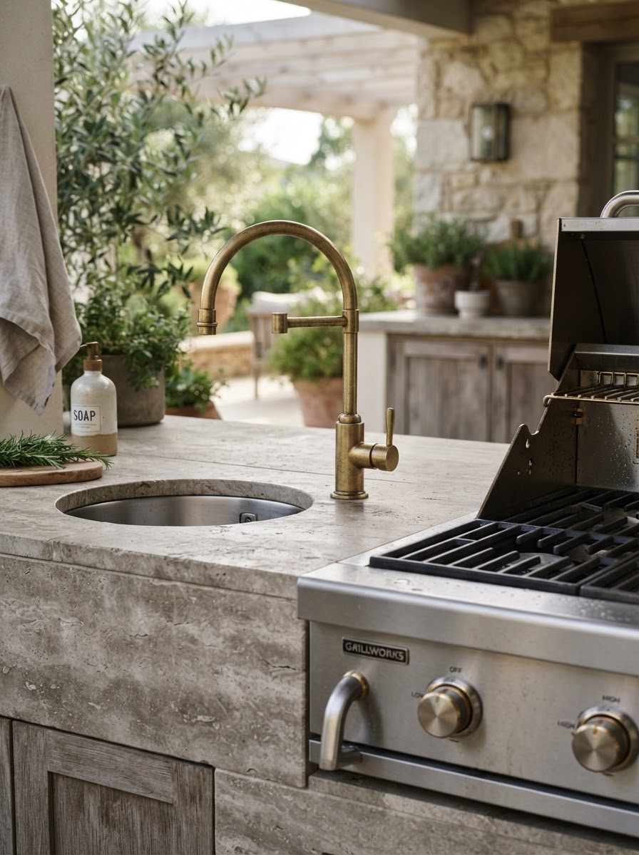 Detail of outdoor kitchen stone worktop and brass tap