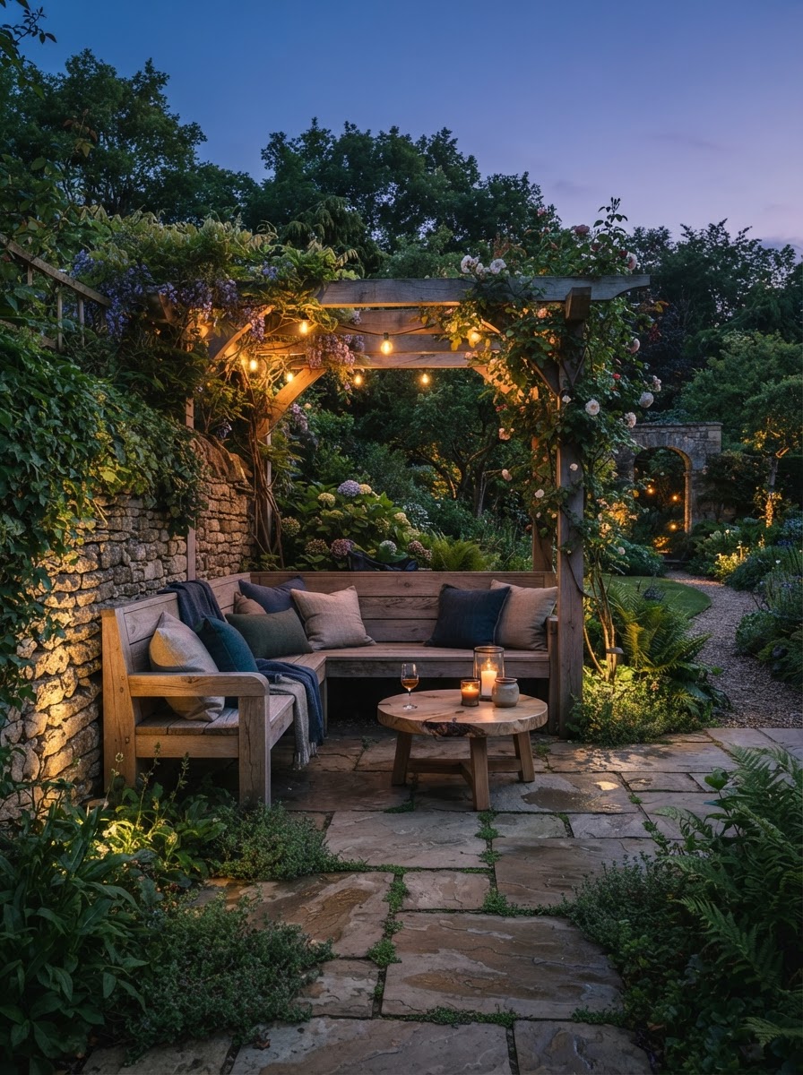 Built-in outdoor seating nook at dusk