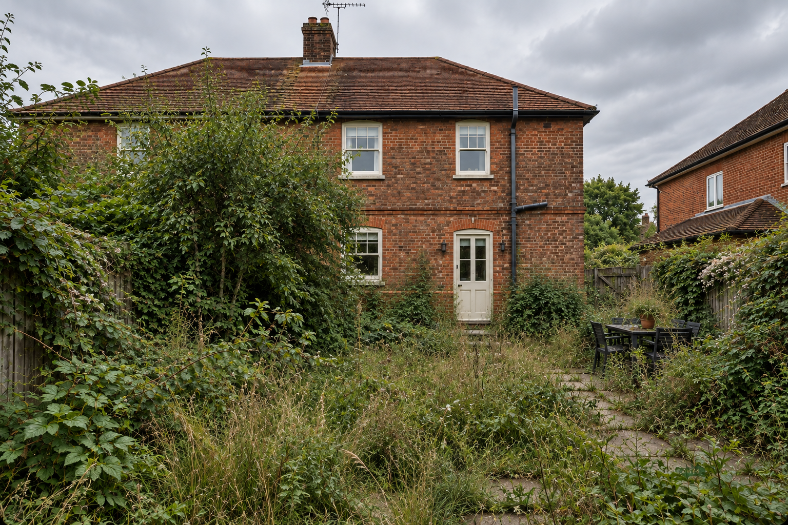 The same garden before landscaping — tired lawn, broken paving and overgrown beds