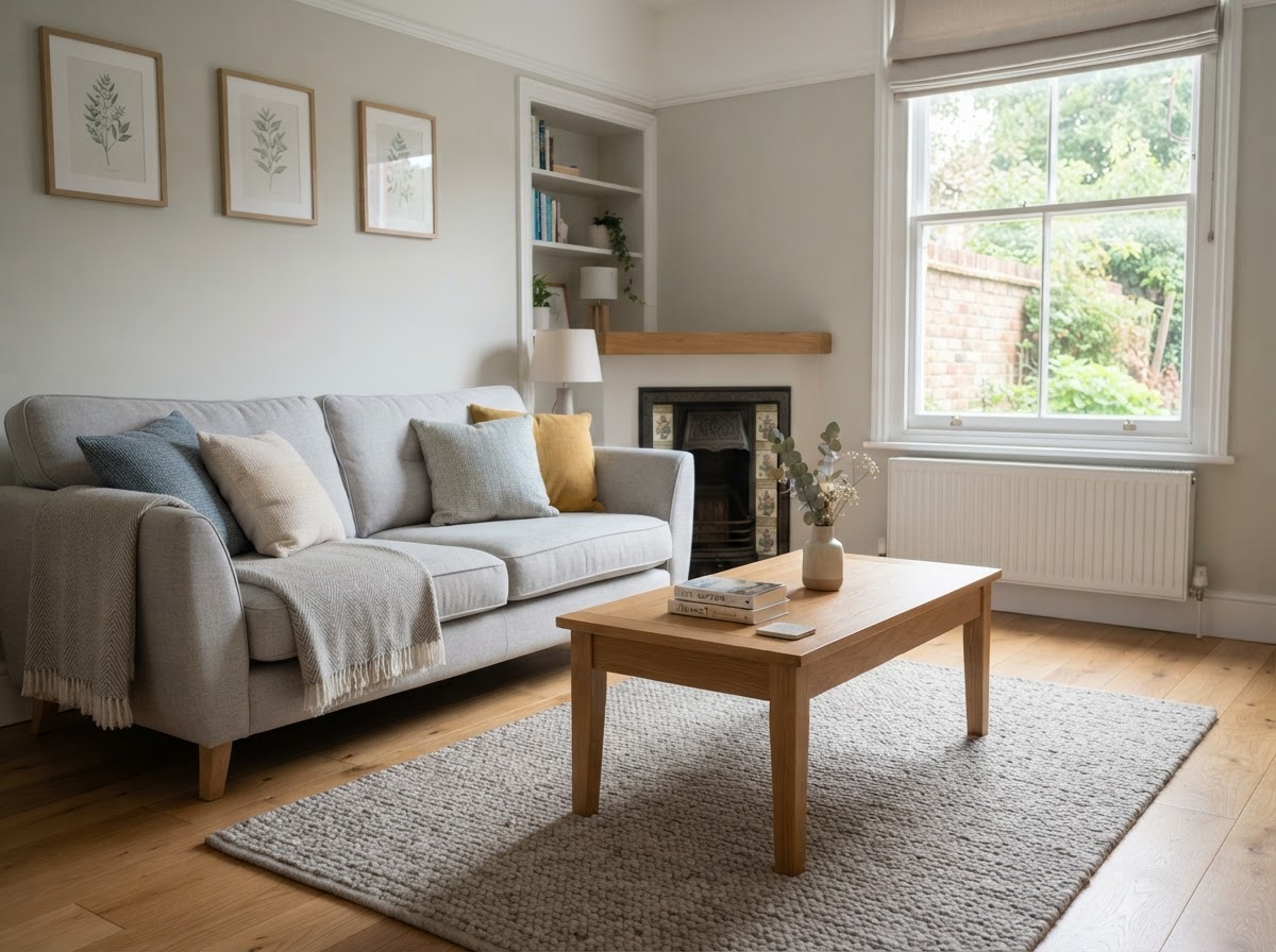 Freshly cleaned and tidied UK family living room with neat cushions
