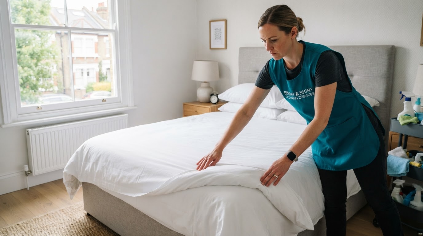 Professional cleaner making a fresh bed in a bright bedroom
