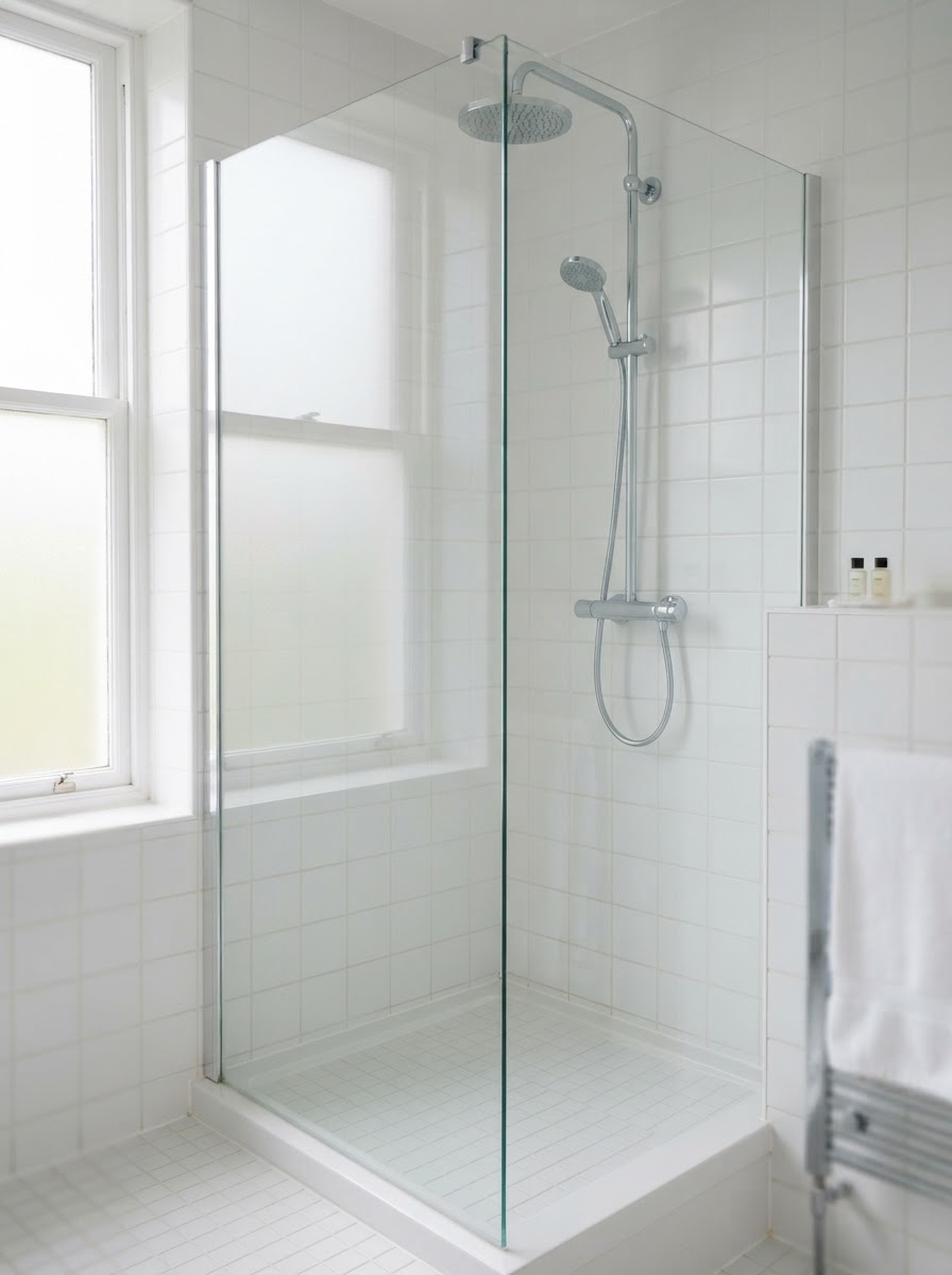 Freshly cleaned shower with crystal-clear glass and polished chrome fittings