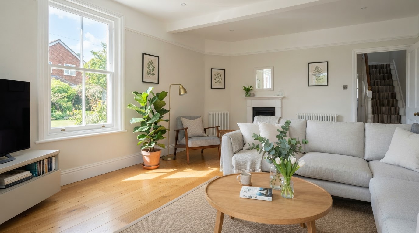 Immaculate clean calm modern living room