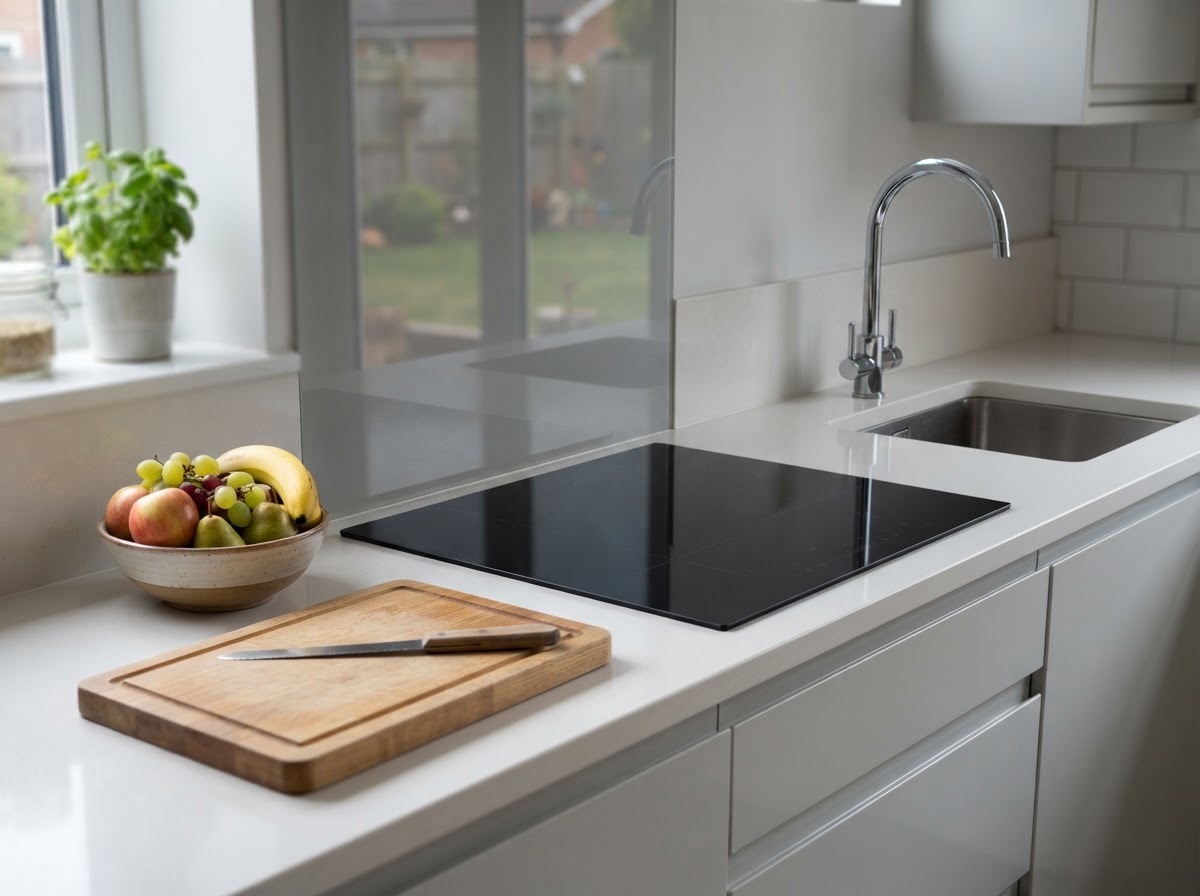 Professionally cleaned modern UK kitchen with spotless worktop and polished hob