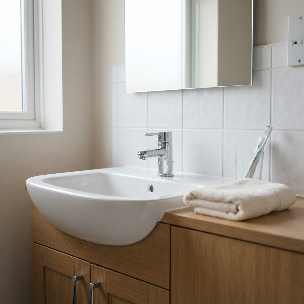 Spotless bathroom sink and vanity with polished chrome tap and clean mirror