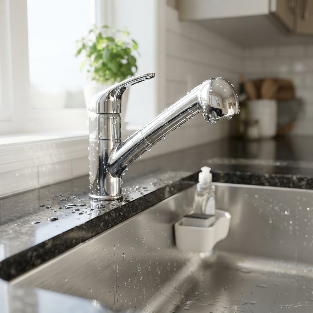 Polished chrome kitchen tap gleaming after a clean