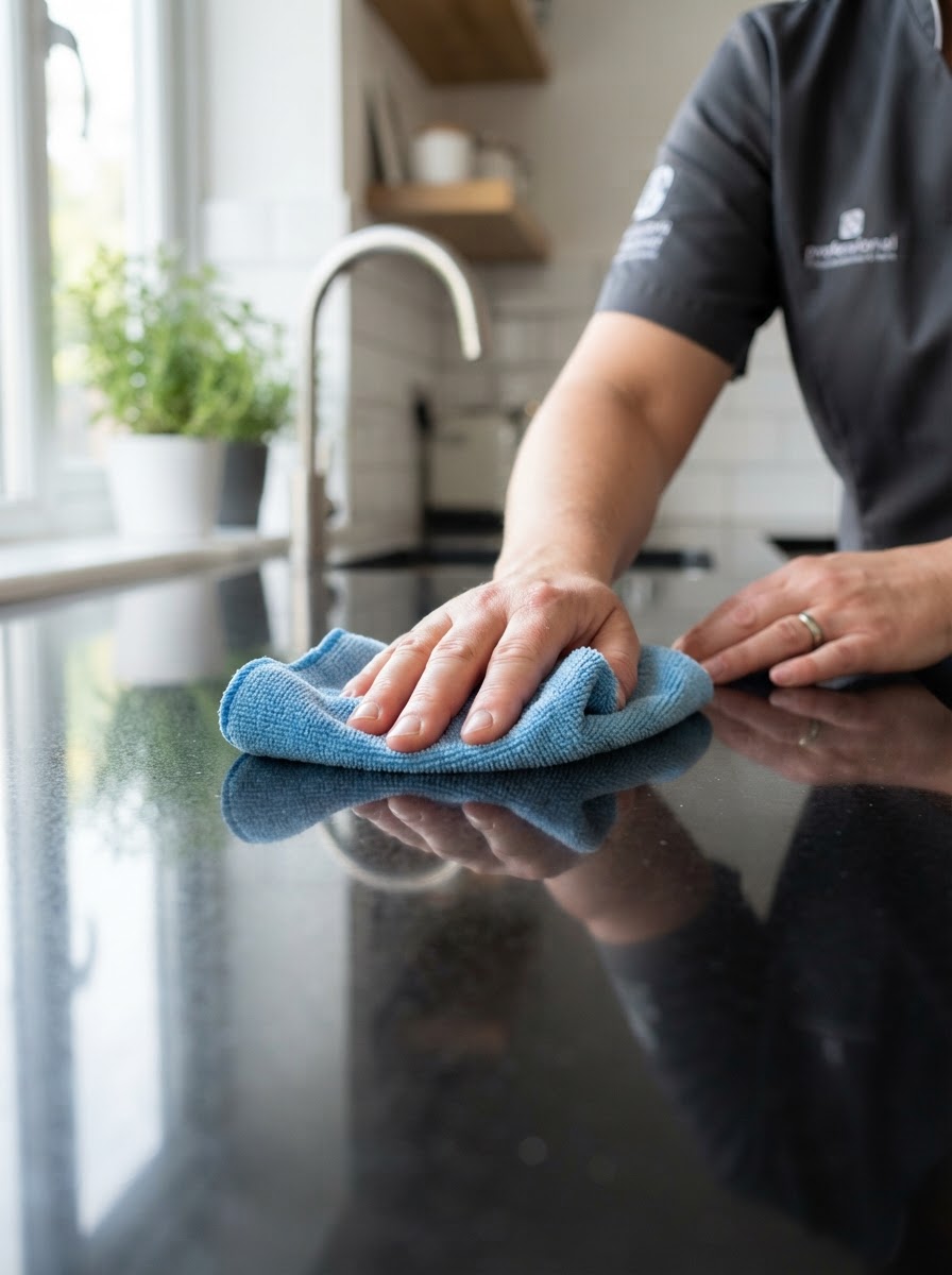Cleaner polishing a kitchen worktop by hand