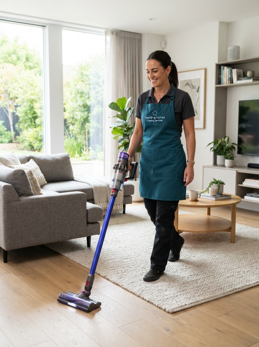 Cleaner vacuuming a bright living room