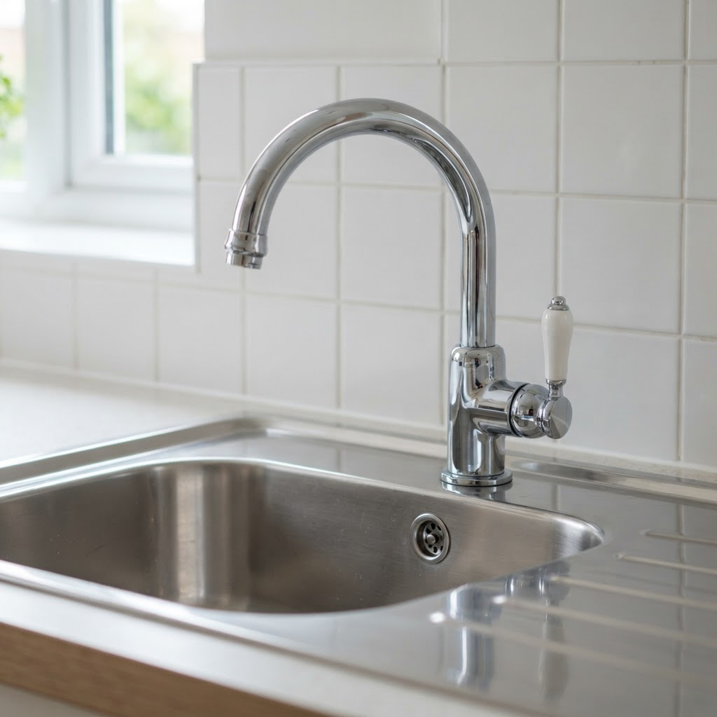 Polished chrome kitchen tap and streak-free sink, cleaning detail shot