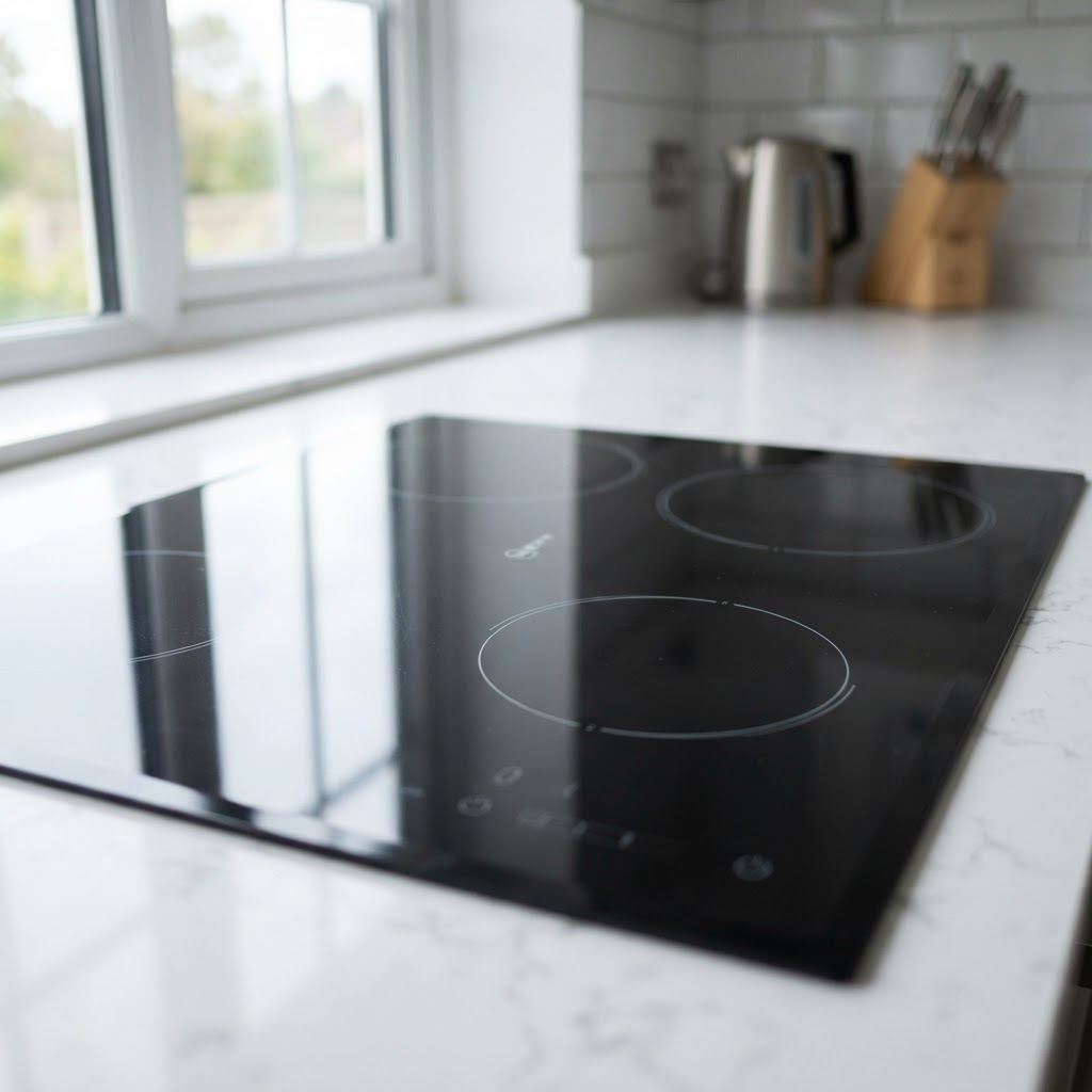 Spotless polished black glass induction hob after a professional clean
