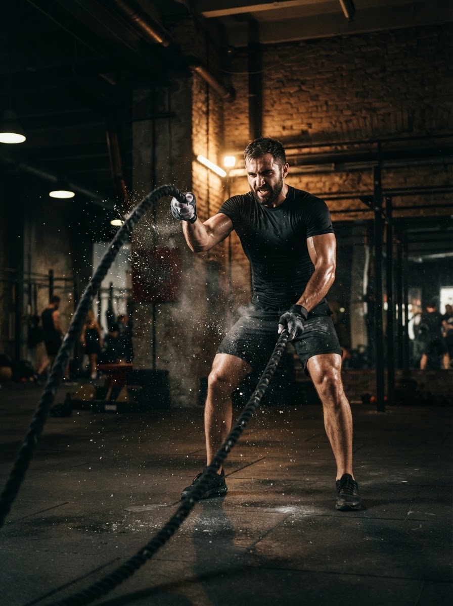 Athlete training with battle ropes